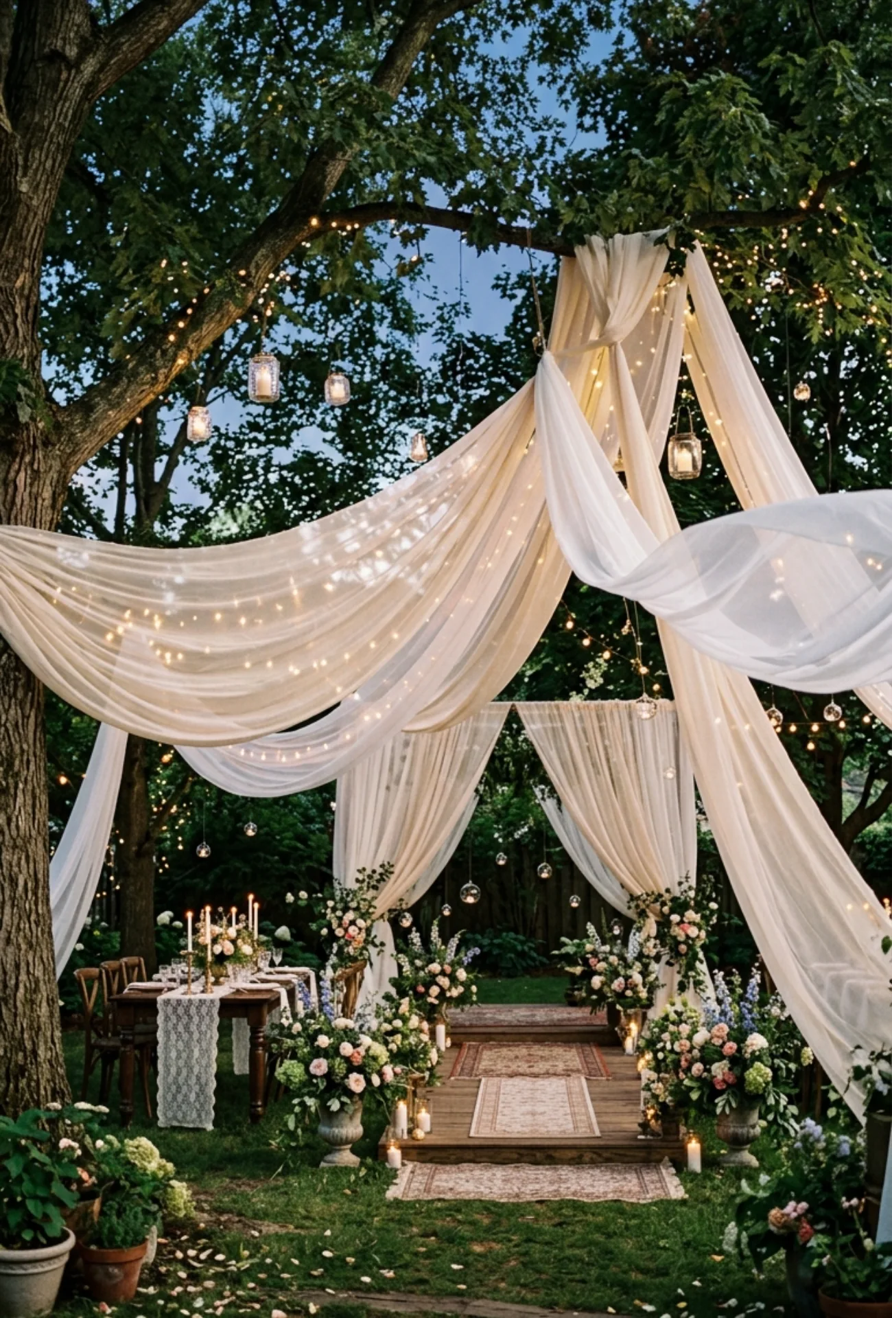 Sheer Fabric Ceiling Draping Between Trees