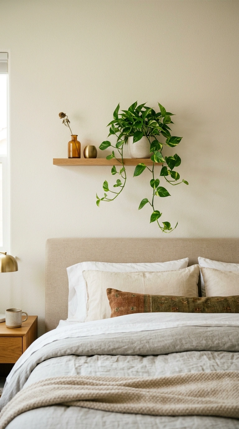 Small Plant Display Shelf Above the Bed