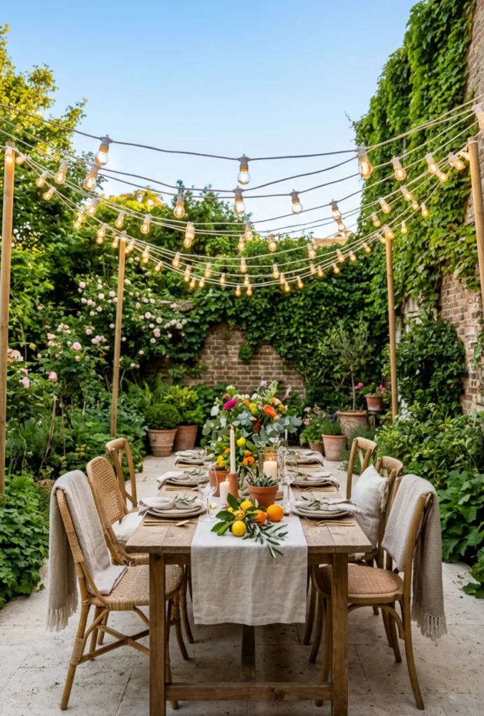 String Light Canopy Over Dining Area