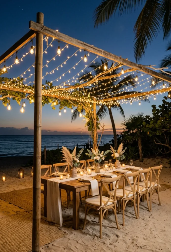 String Light Canopy Over Dining Area