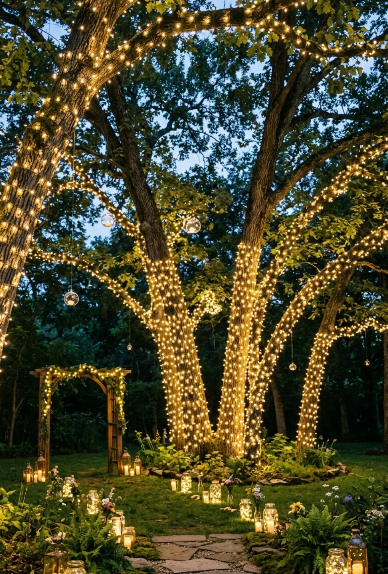 Tree Wrapped Fairy Lights for an Enchanted Forest Look