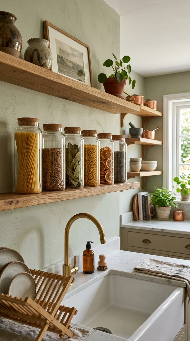 Uniform Glass Containers Above Sink Shelf
