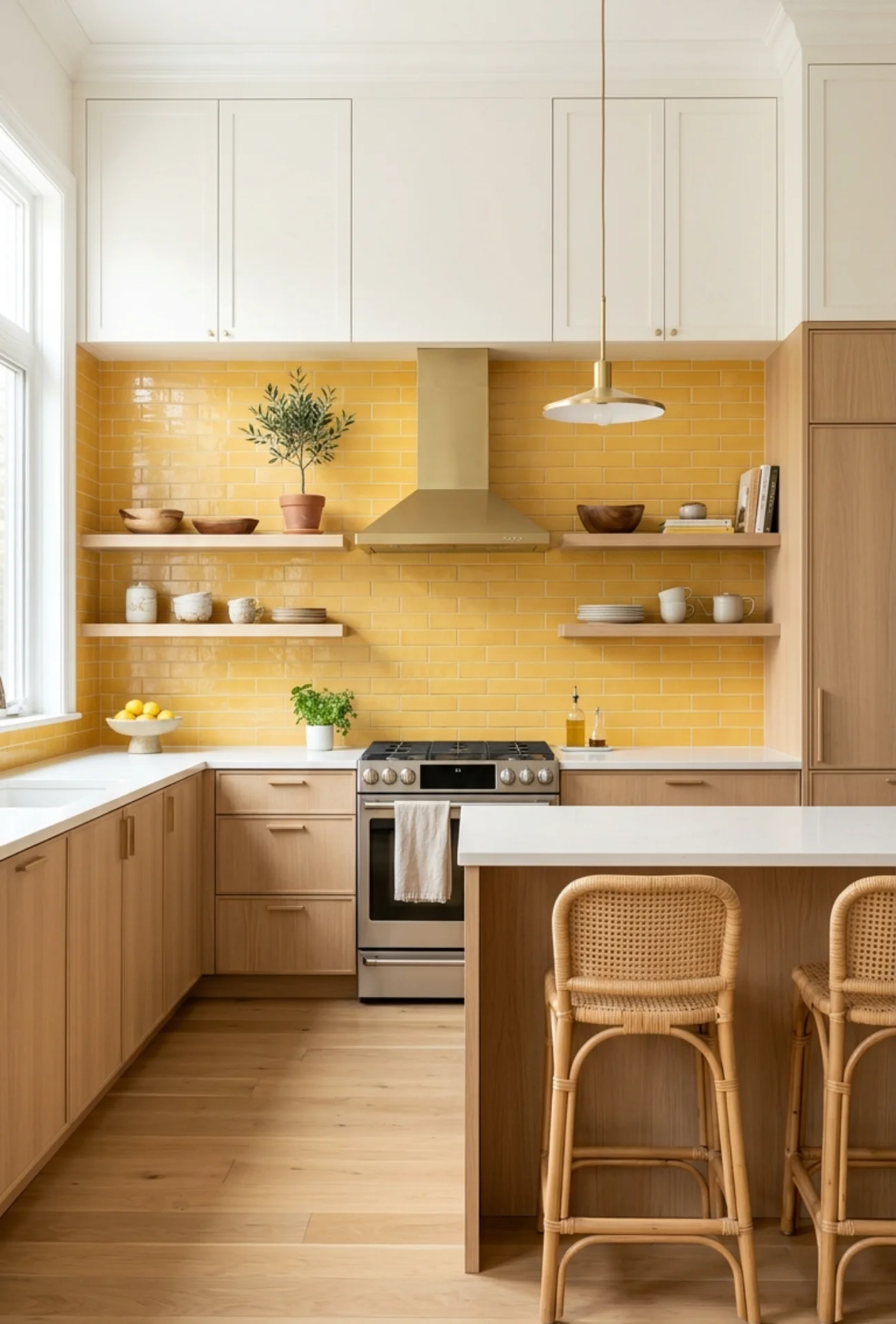 Warm White Cabinets with Natural Wood Accents