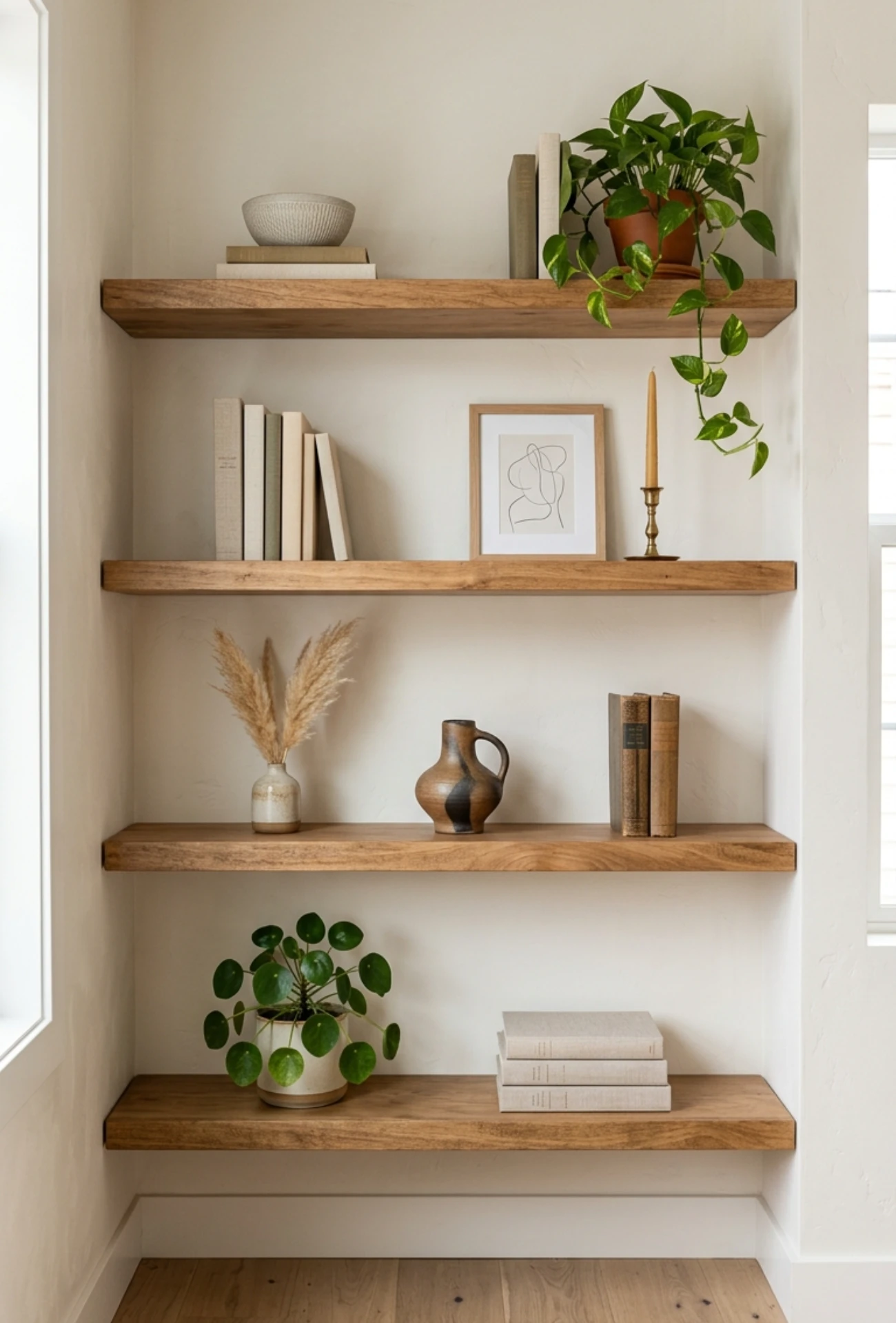 Warm Wood Floating Shelves with Minimal Styling