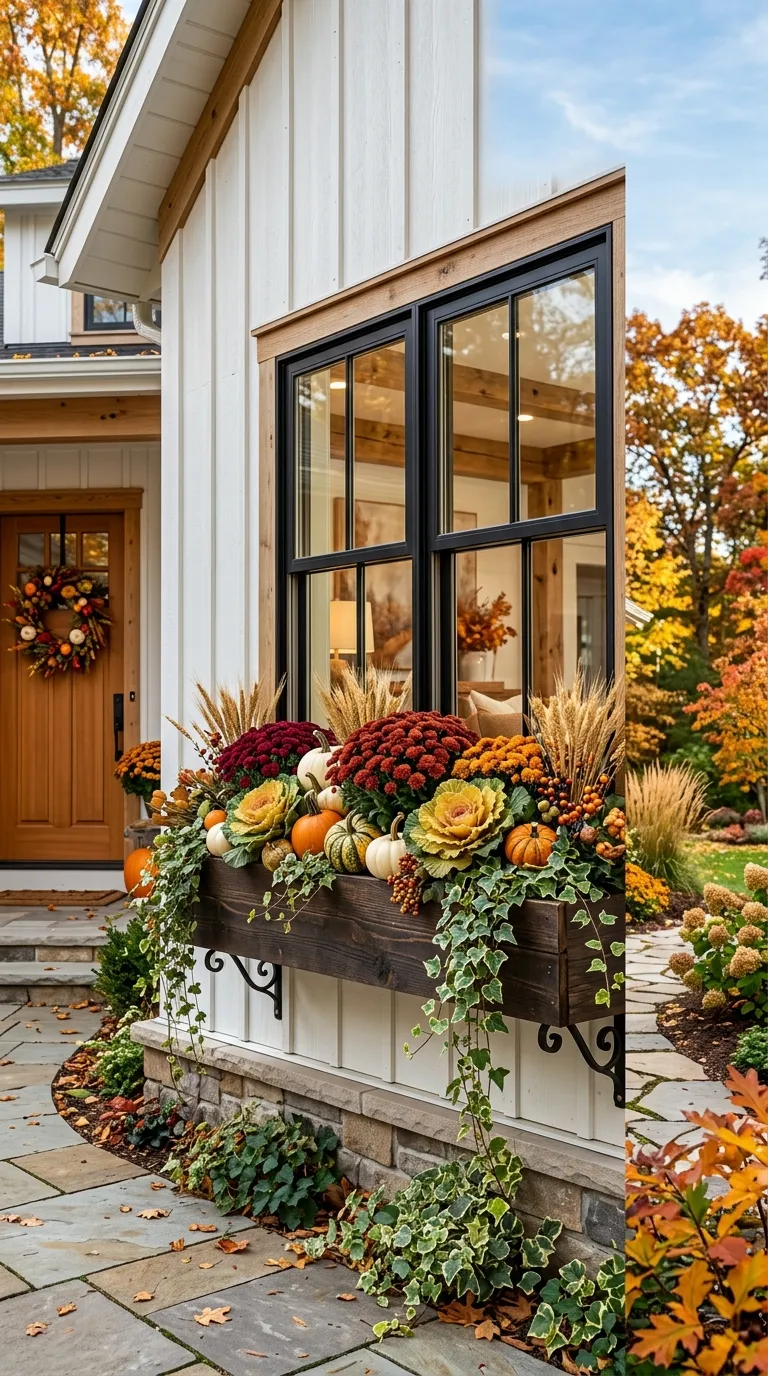 Fall Window Box with Seasonal Greenery