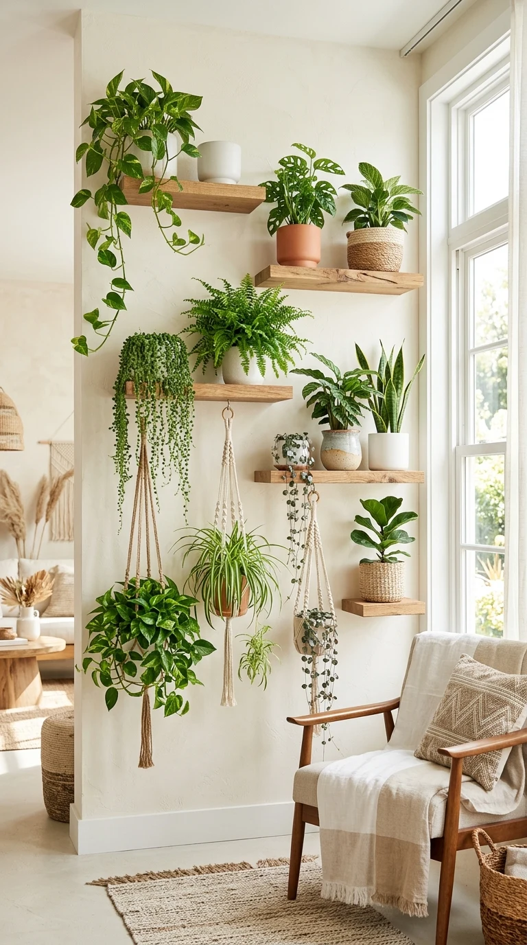 Hanging Plant Wall with Wooden Shelves