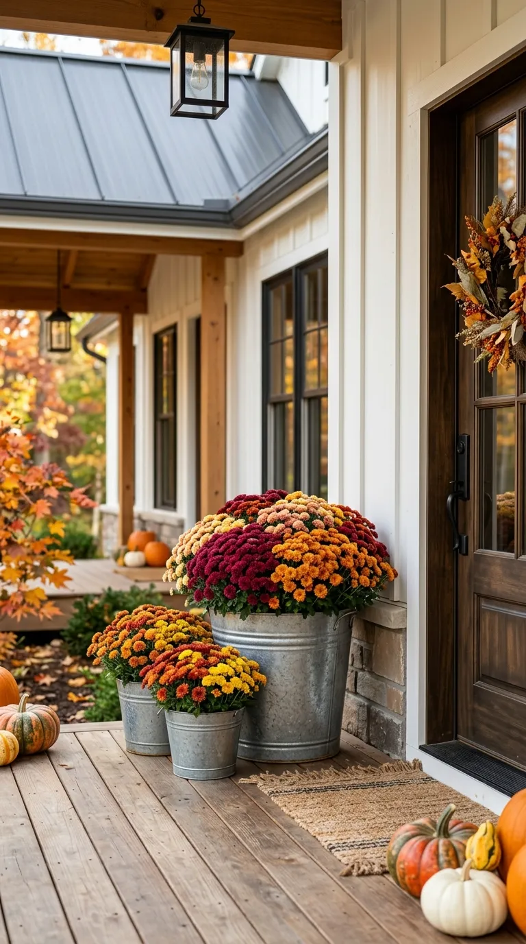 Metal Bucket Filled with Colorful Mums