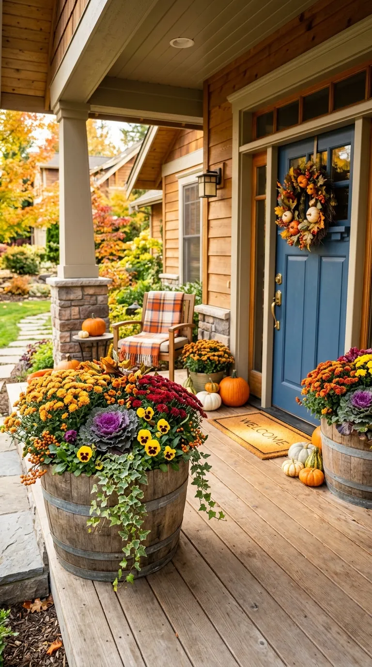 Rustic Barrel Planter with Autumn Flowers