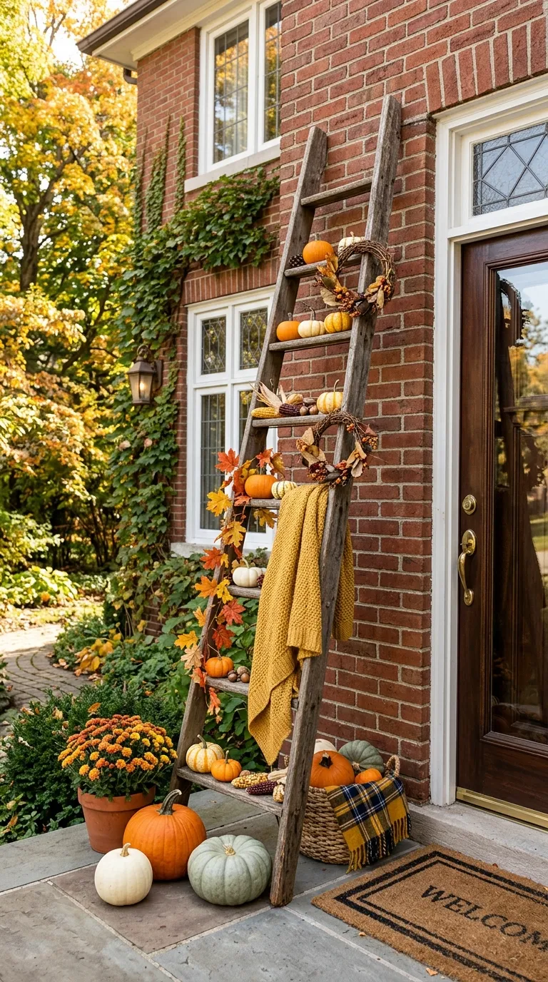 Rustic Ladder Decorated with Mini Pumpkins