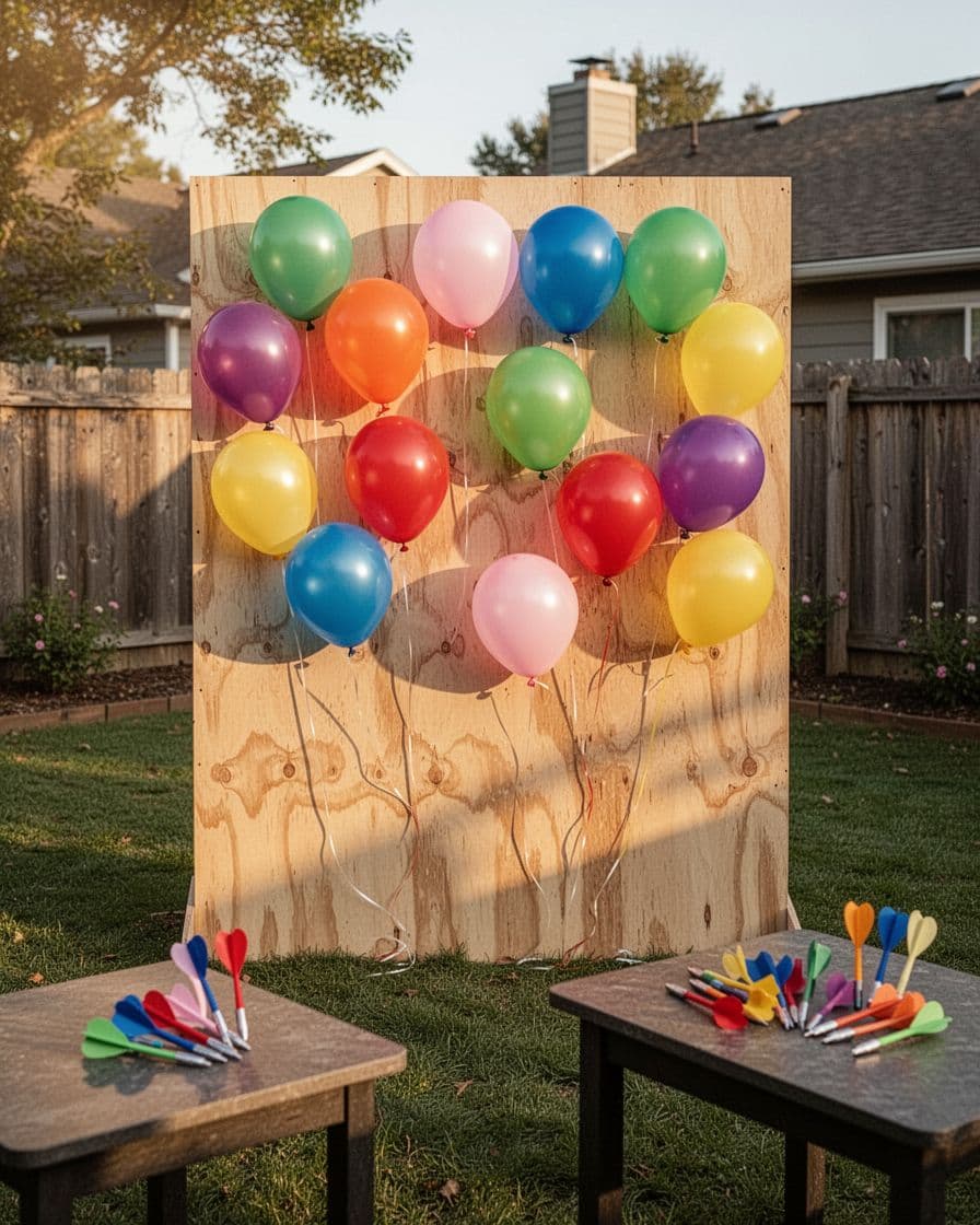 Colorful balloons cover a plywood game board beside blunt darts on a backyard table.