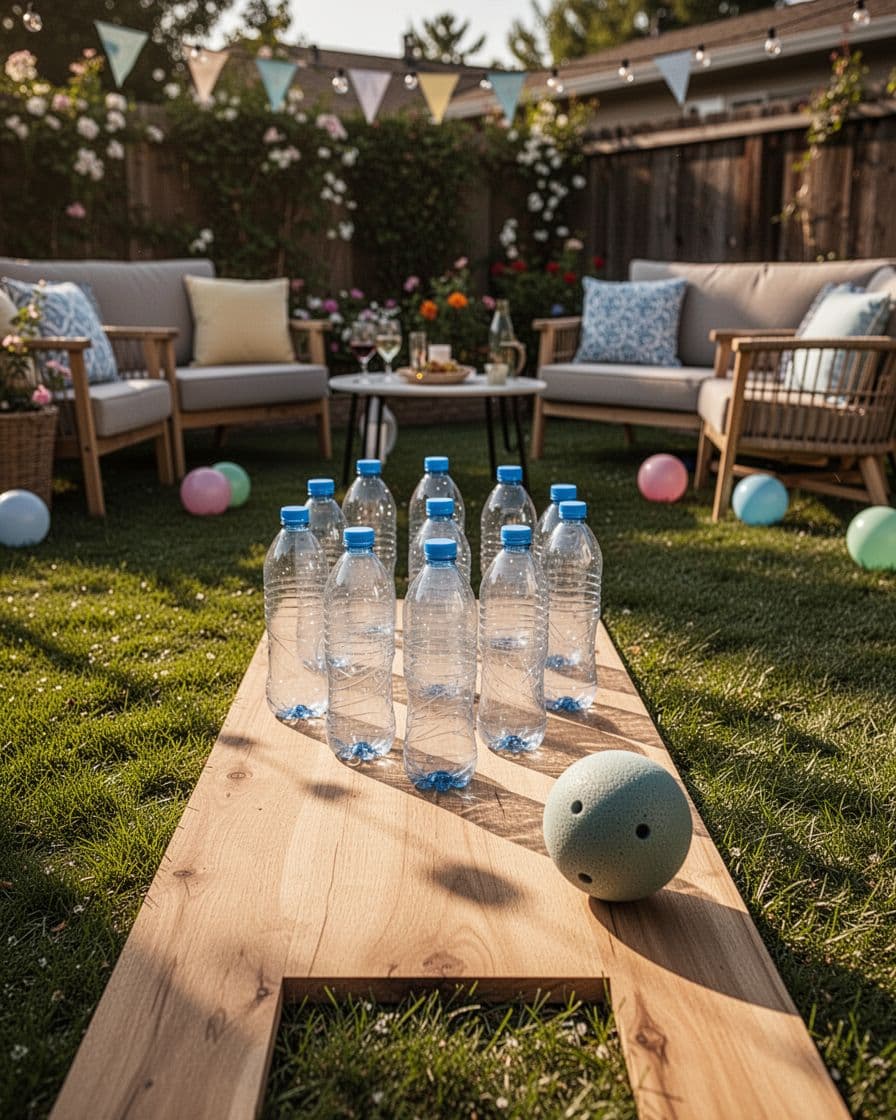 Plastic bottle pins and a foam ball on a wooden lane outdoors.
