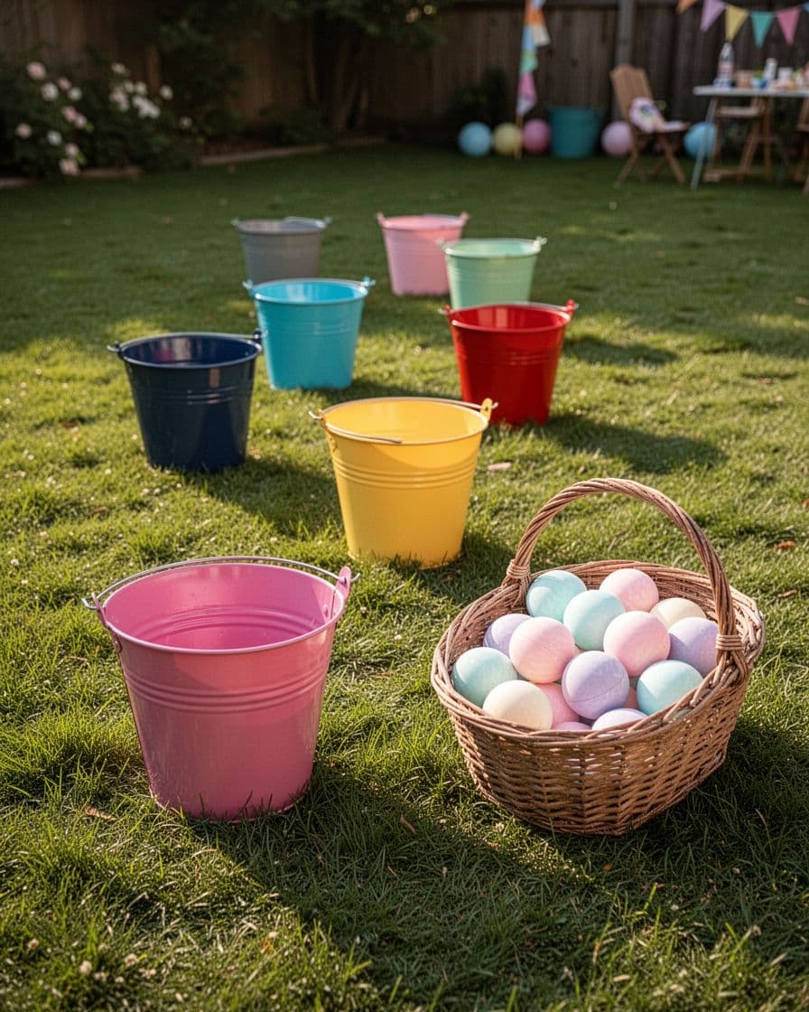 Colorful buckets at different distances on a lawn beside a basket of soft balls.
