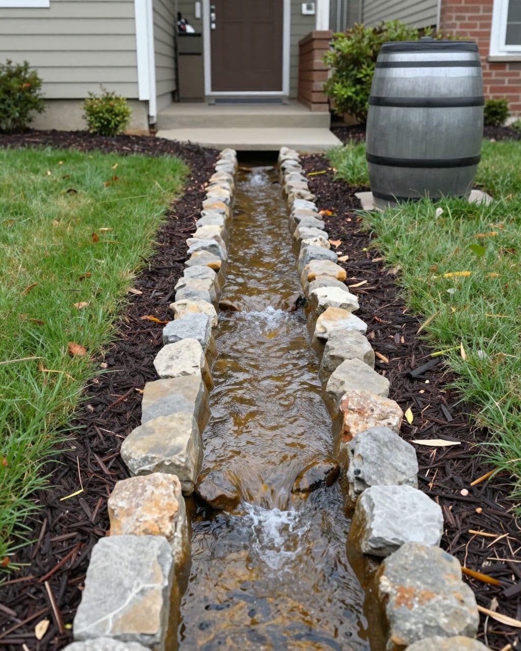 Stone-lined runoff channel leading from a downspout across a backyard.