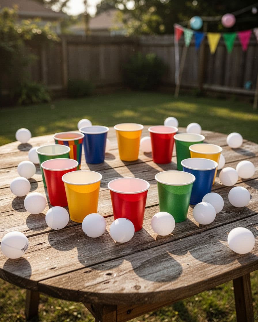 Colorful cups and ping pong balls on a wooden table outdoors.