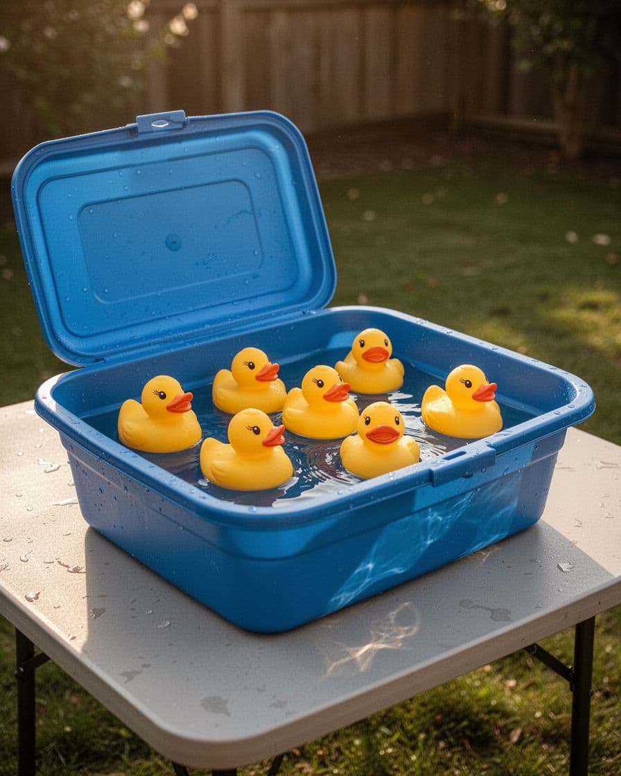 A blue tub of floating rubber ducks on a backyard table.
