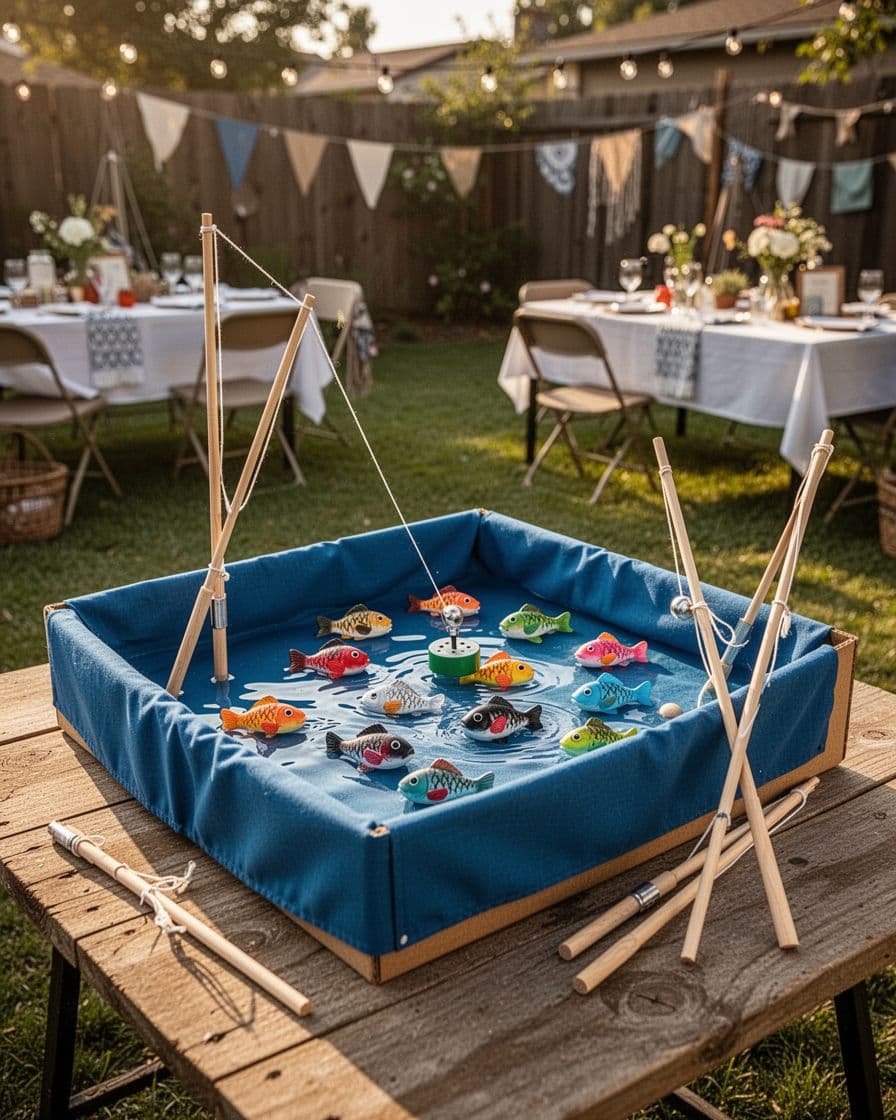 A blue fabric fishing game with toy fish and wooden rods at a backyard party.