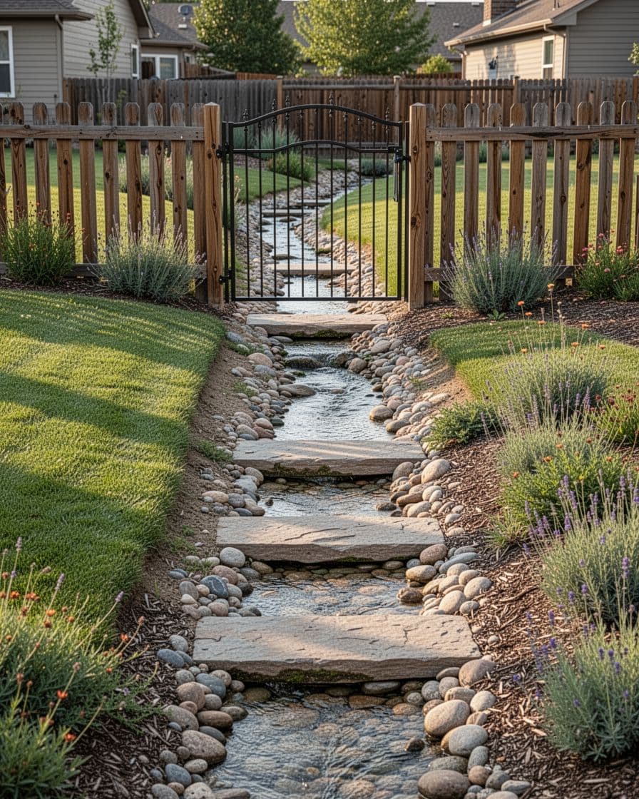 A dry stone channel runs beneath a backyard gate between two lawns.