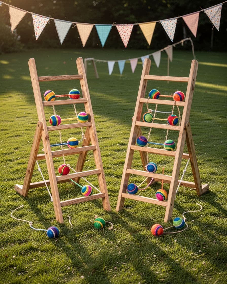 Two wooden ladder toss frames with colorful bolas on a sunny grassy lawn.