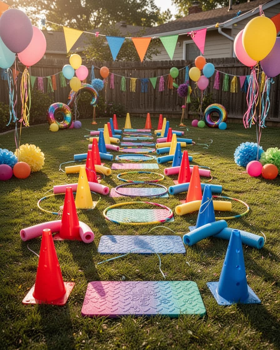 A colorful backyard obstacle course with hoops, cones, noodles, and stepping pads.
