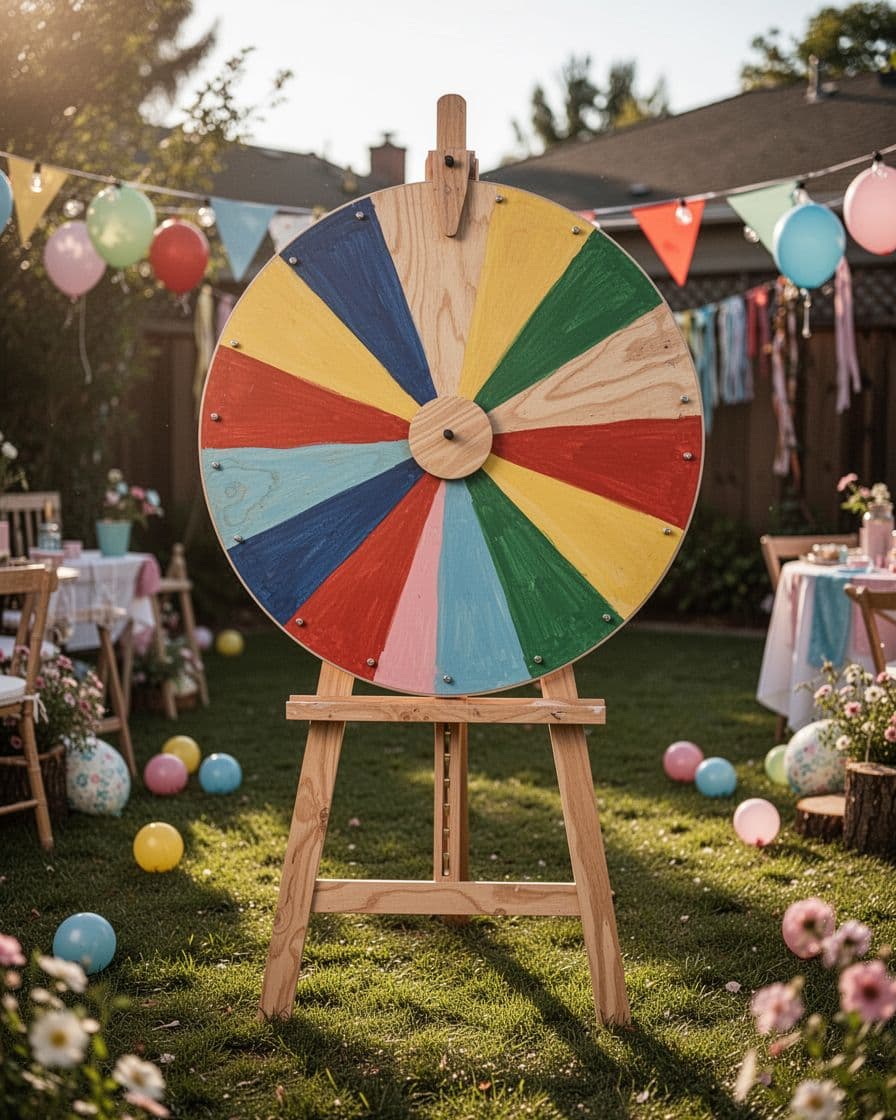 A colorful blank prize wheel stands on a wooden easel in a sunny backyard.