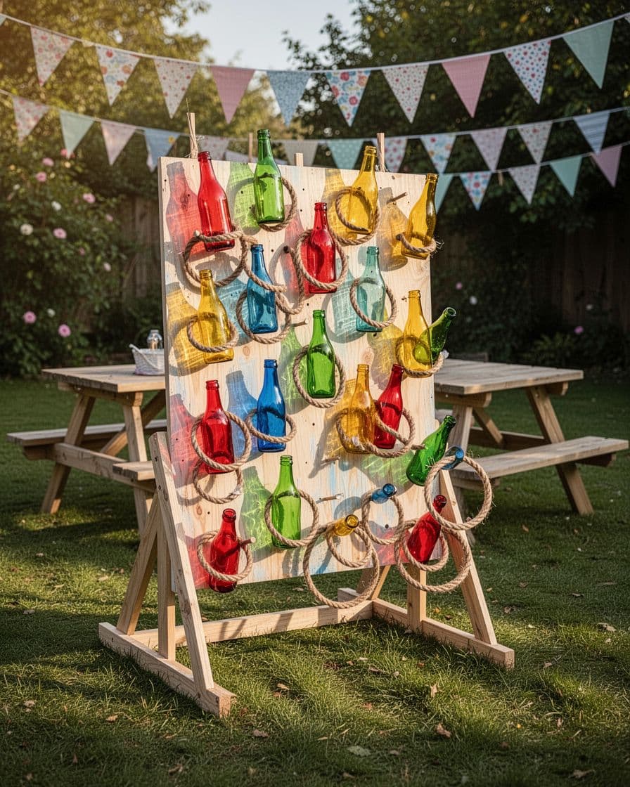 A colorful ring toss game sits in a sunny backyard with picnic tables and bunting.