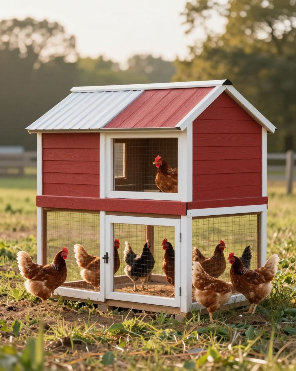 Red barn-style chicken coop with a covered run and seven hens in morning light.