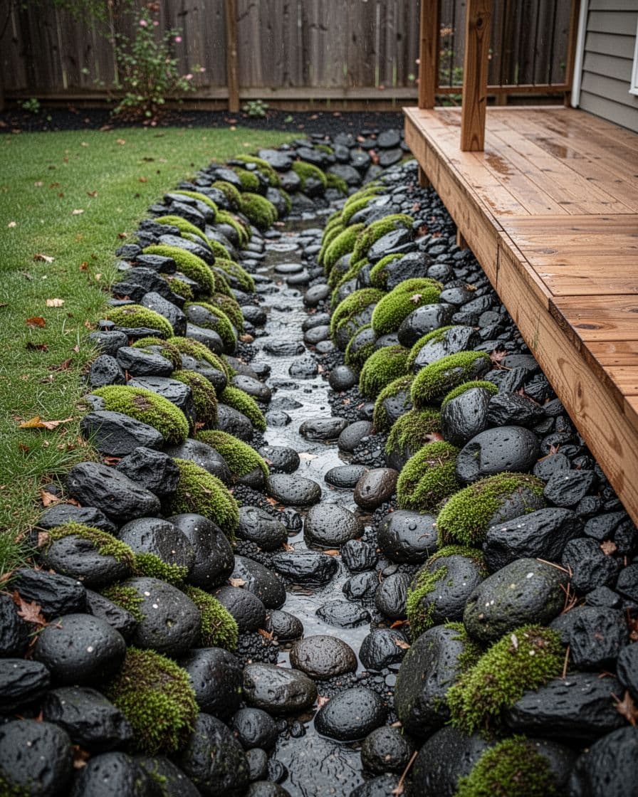 A mossy drainage creek bed winds beside a deck with dark basalt stones.