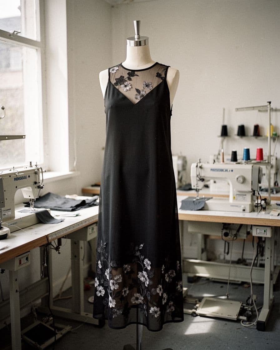 A black slip dress with sheer floral mesh panels on a dress form.