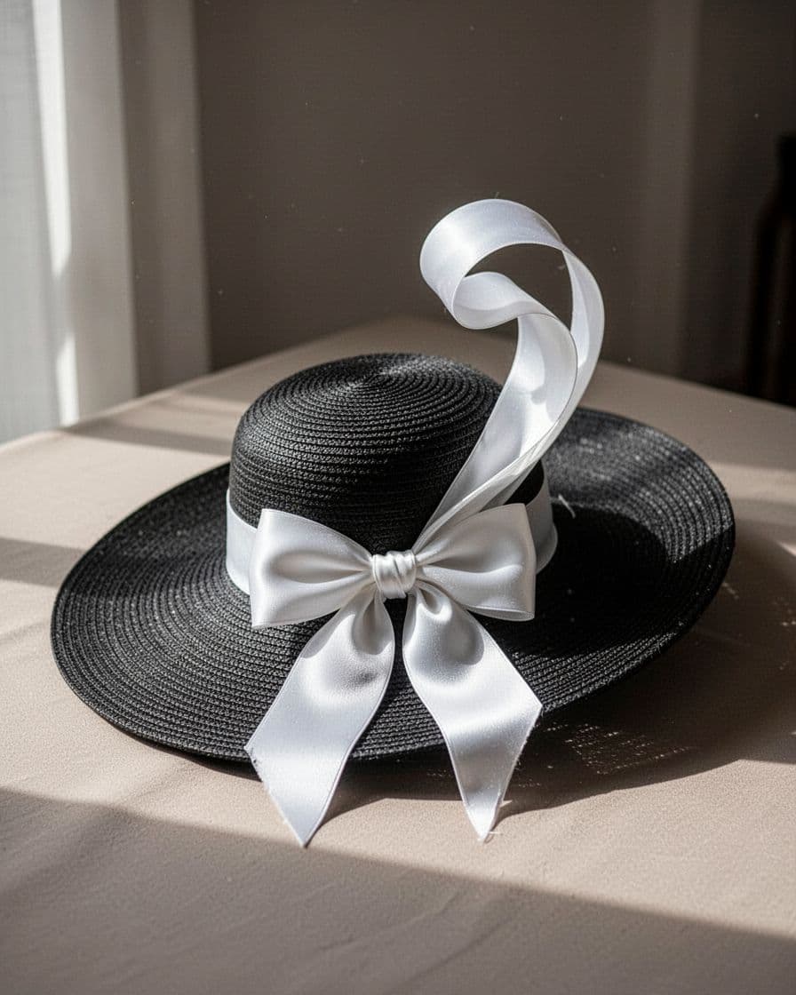 A black Derby hat with a tall white satin bow on a neutral tabletop.