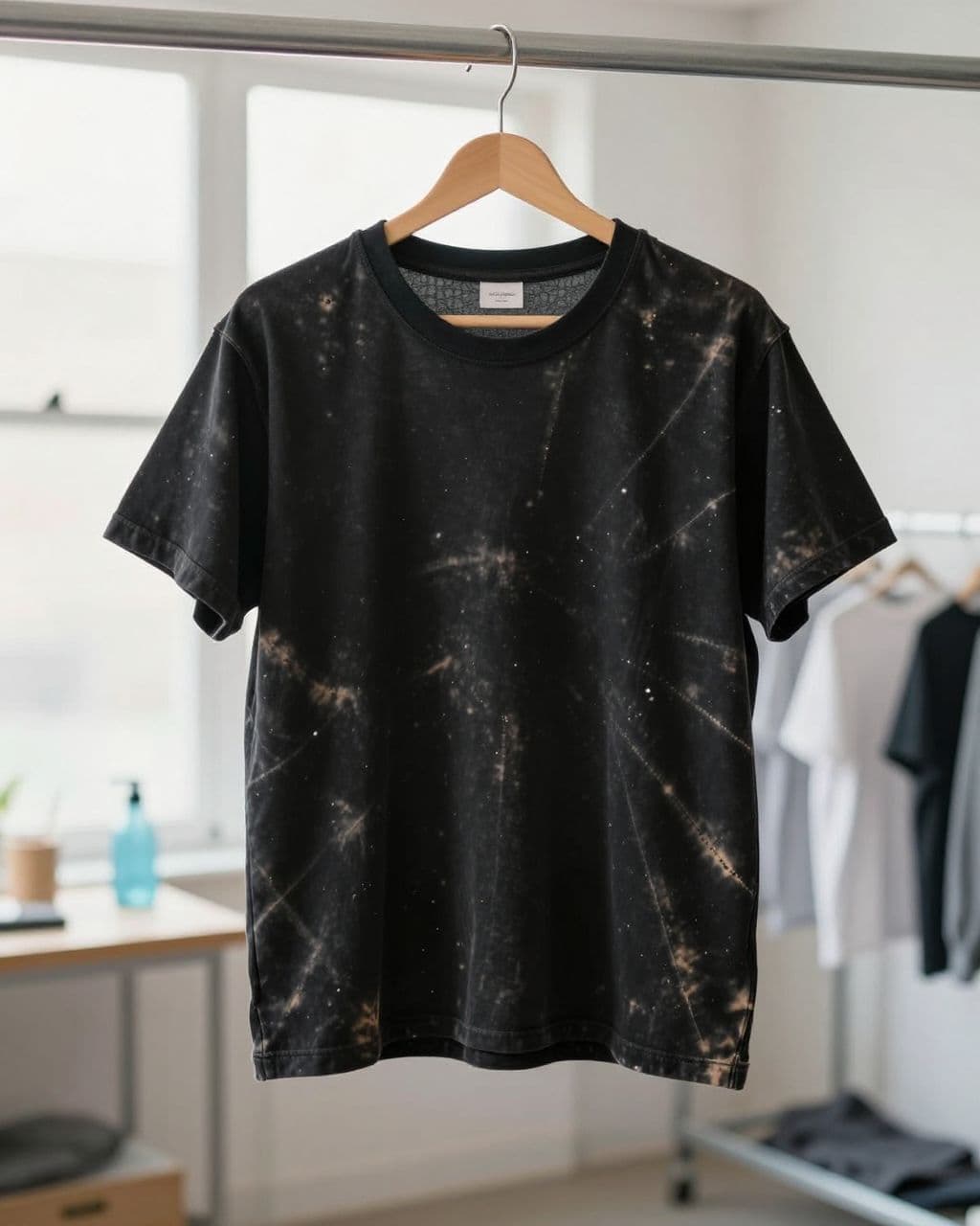 Black t-shirt with neat sunburst bleach lines hanging in a bright craft space.