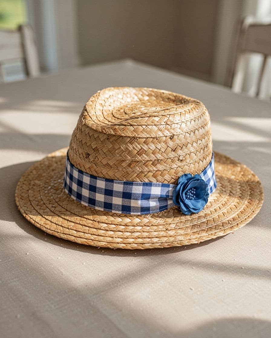 Woven straw hat with a blue gingham band and small blue flower on a tabletop.