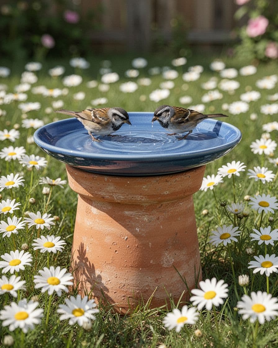 One bird beside a blue saucer bird bath on a terracotta pedestal.