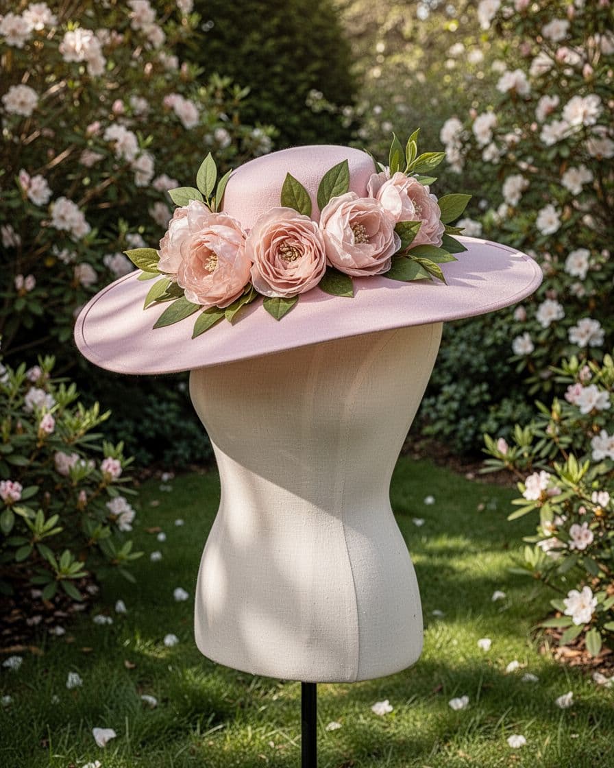 A pink Derby hat with silk flowers and green leaves on a dress form.