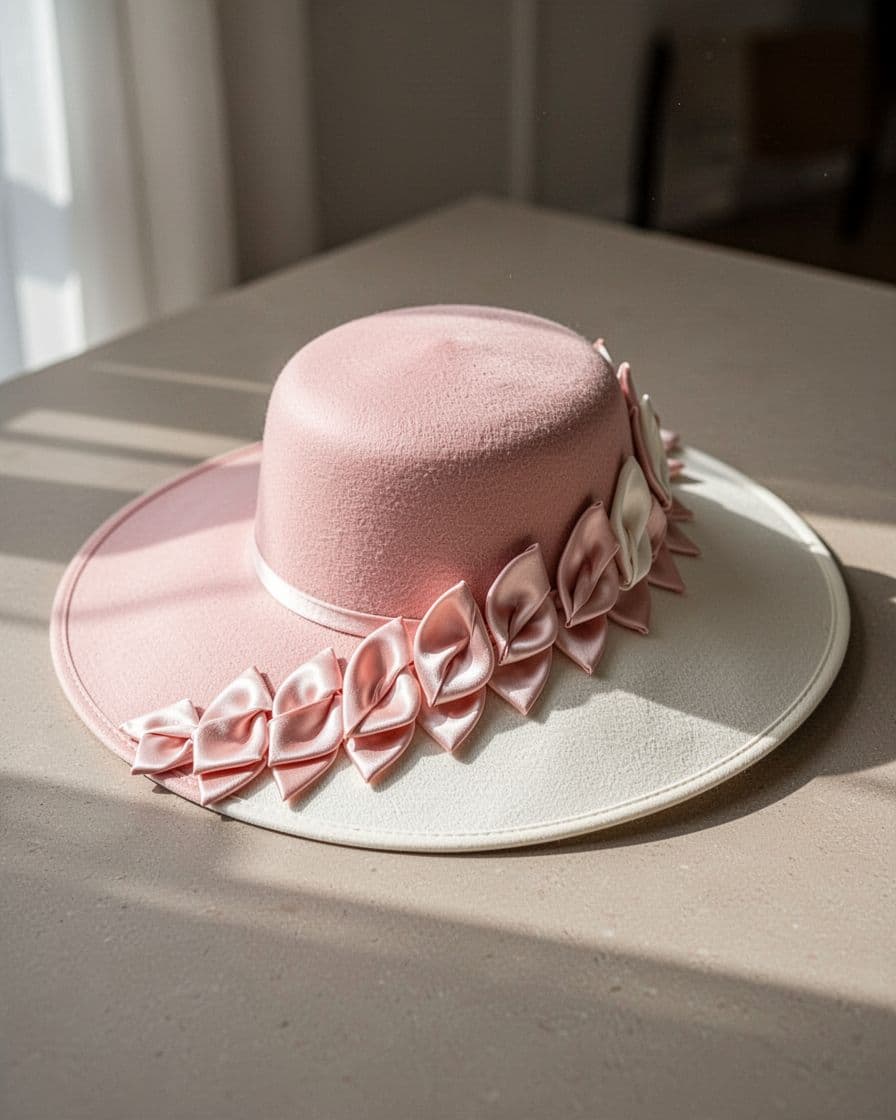 Blush and ivory wide-brim hat with folded satin petals on a neutral tabletop.