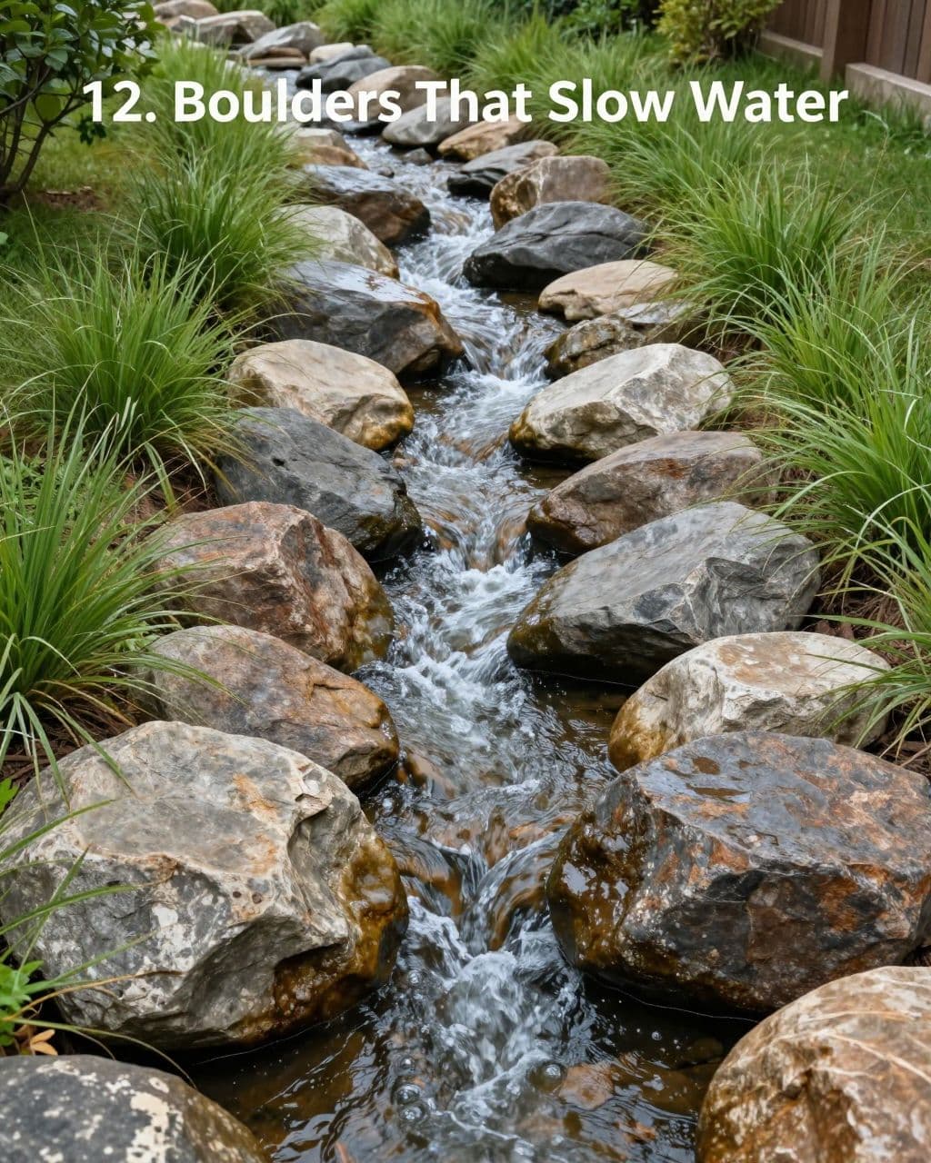 Boulders and staggered stones guide runoff through a grassy backyard channel.