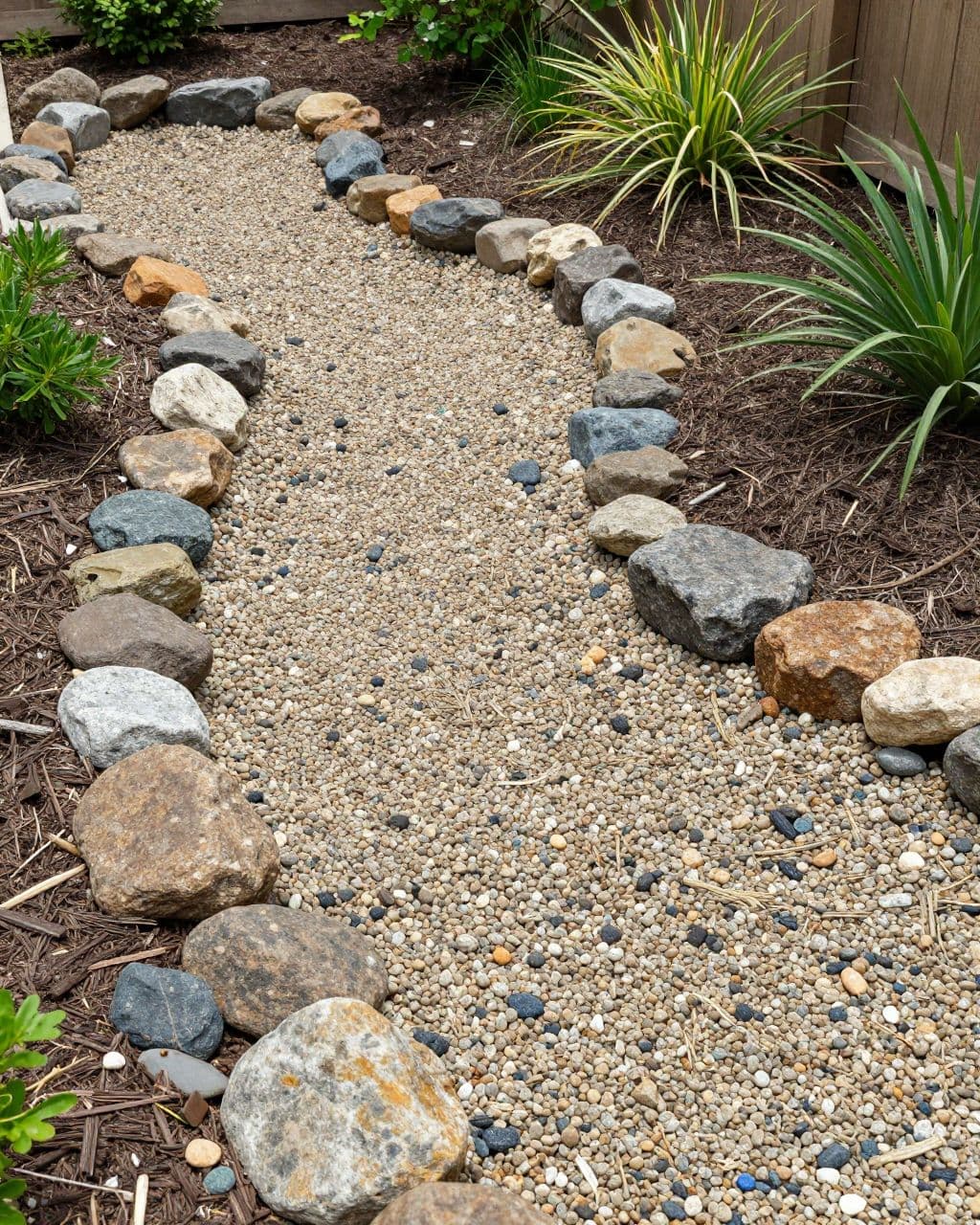 Curved gravel creek bed with local stones and native plants in a sunny backyard.