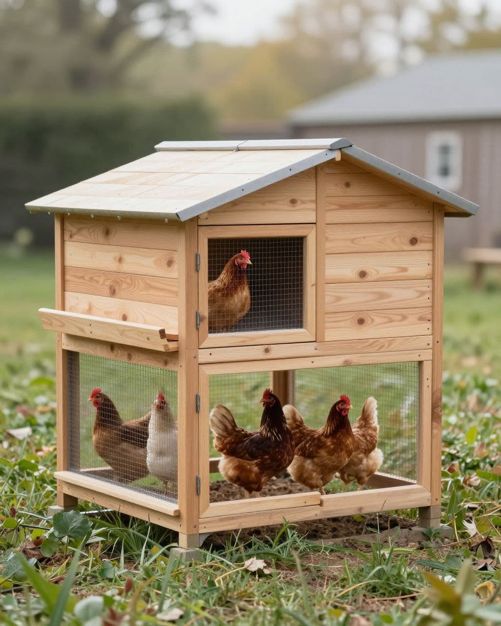 Cedar coop with external nesting boxes and five hens in a secure run.