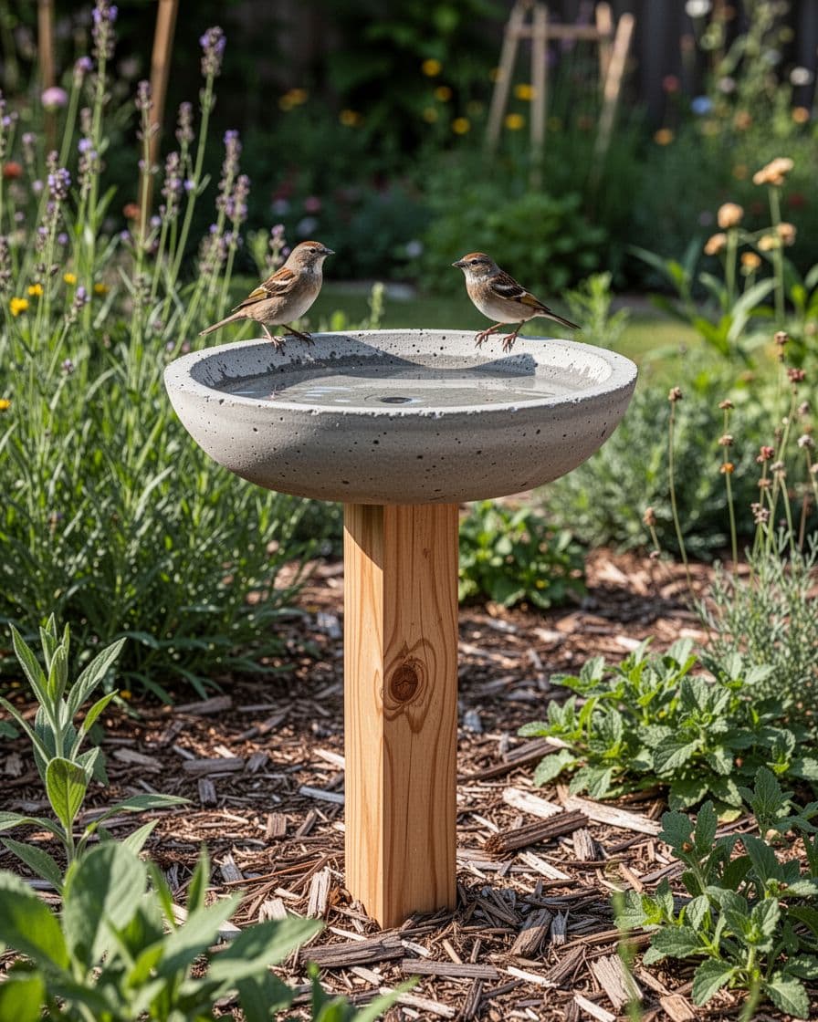 One bird stands beside a concrete bowl bird bath in a native plant garden.