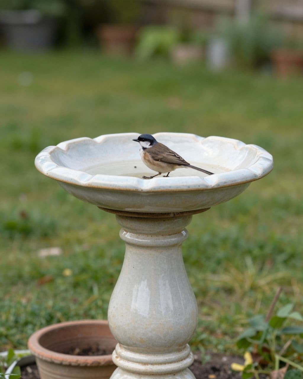 One bird stands beside a ceramic saucer bird bath on an overturned flowerpot.