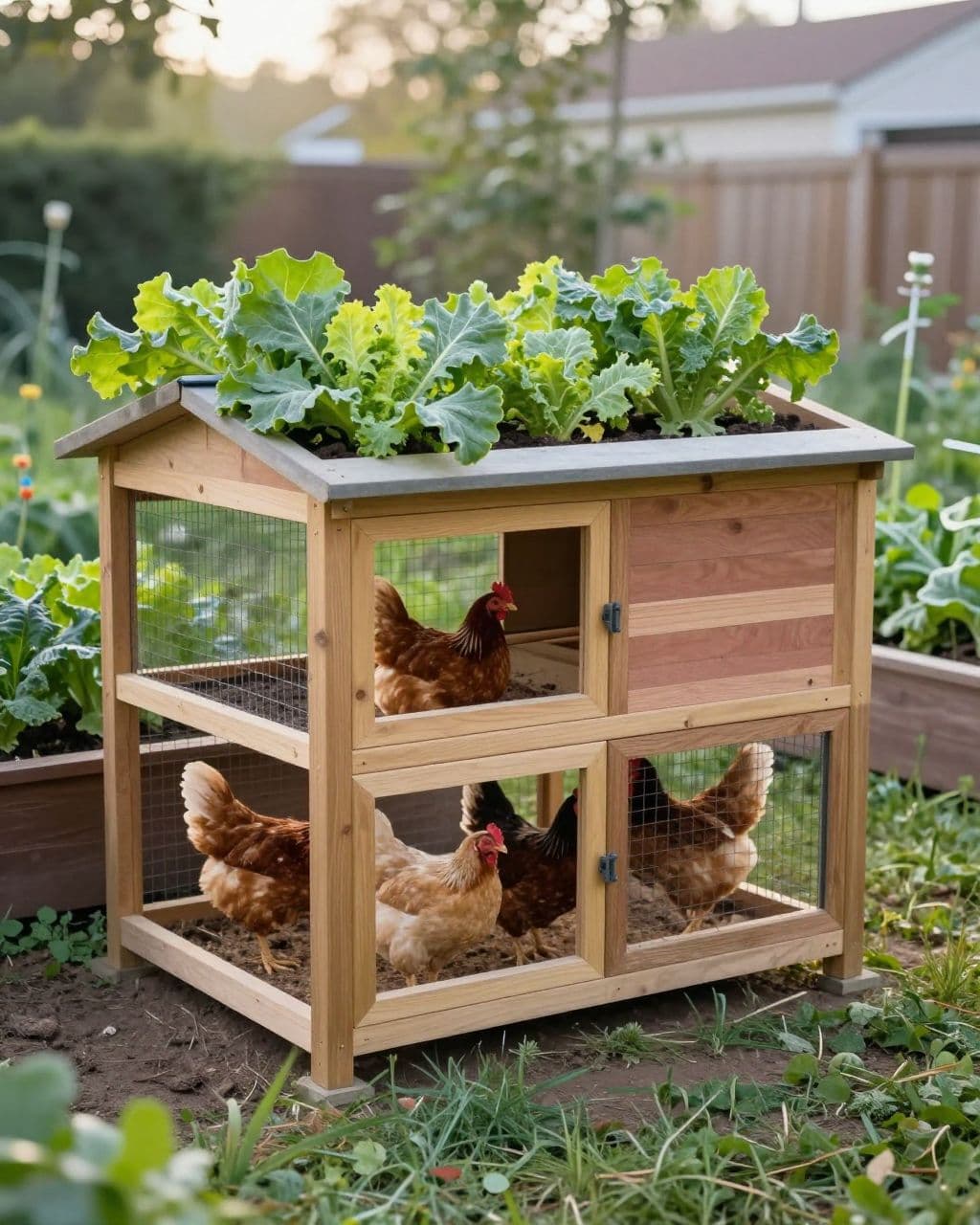 Four hens gather in a secure run beneath a raised vegetable garden bed.