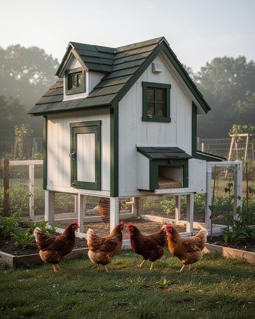 Four hens stand beside a white gable-roof chicken coop with a fenced run.
