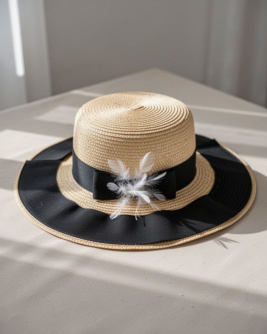 A straw sun hat with a black ribbon and white feathers on a neutral table.