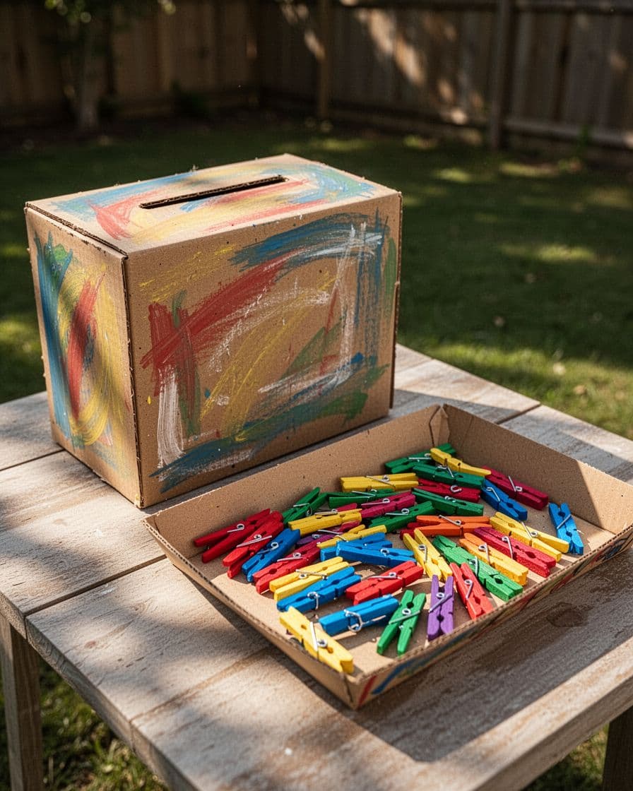 A cardboard box game with a narrow slot and colorful clothespins on a tray.