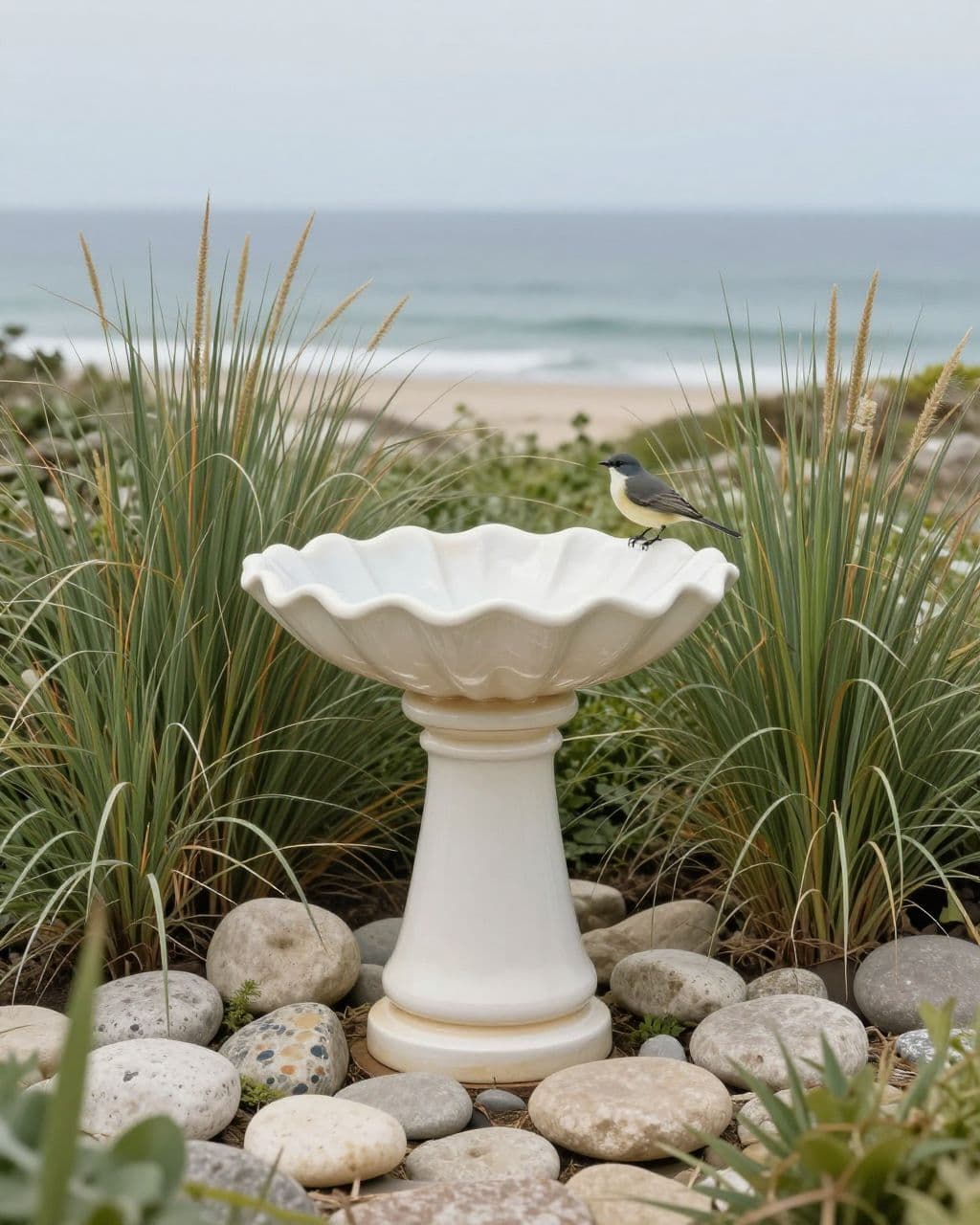 One bird stands beside a seashell-shaped bowl in a coastal garden.