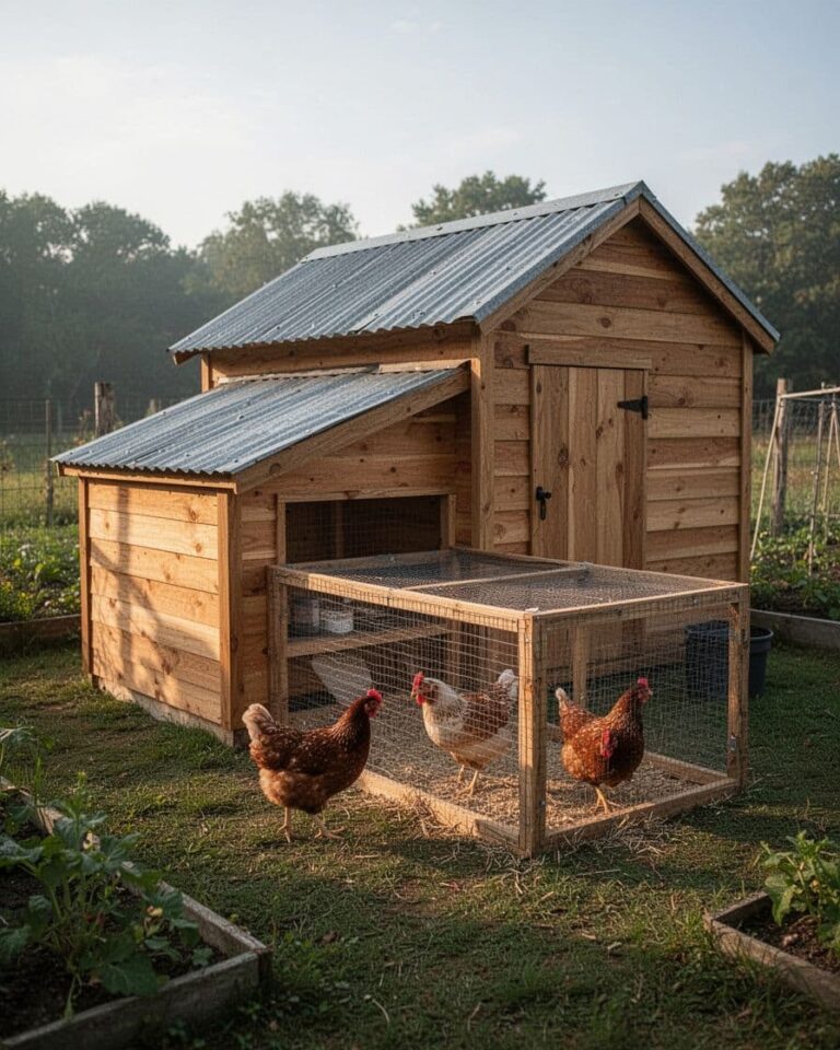Three hens outside a compact cedar coop beside a garden shed.