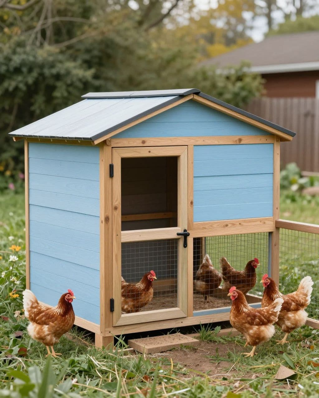 Five hens beside a pale blue playhouse converted into a backyard coop.