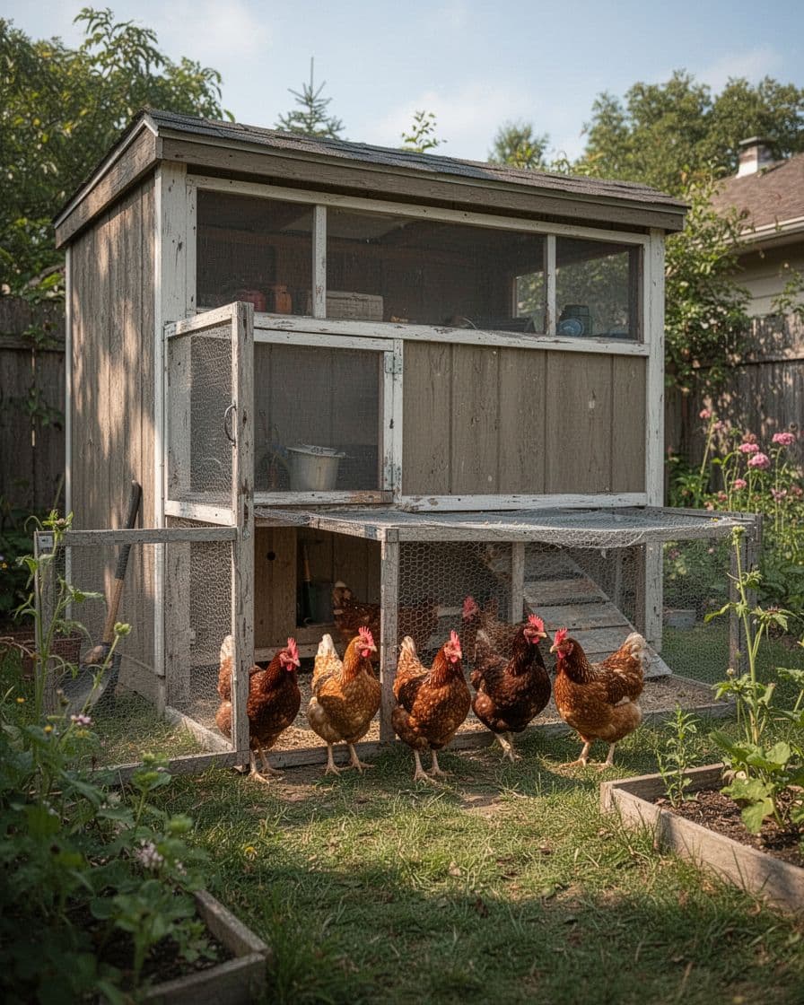 Six hens gather beside a converted garden shed coop with a fenced run.
