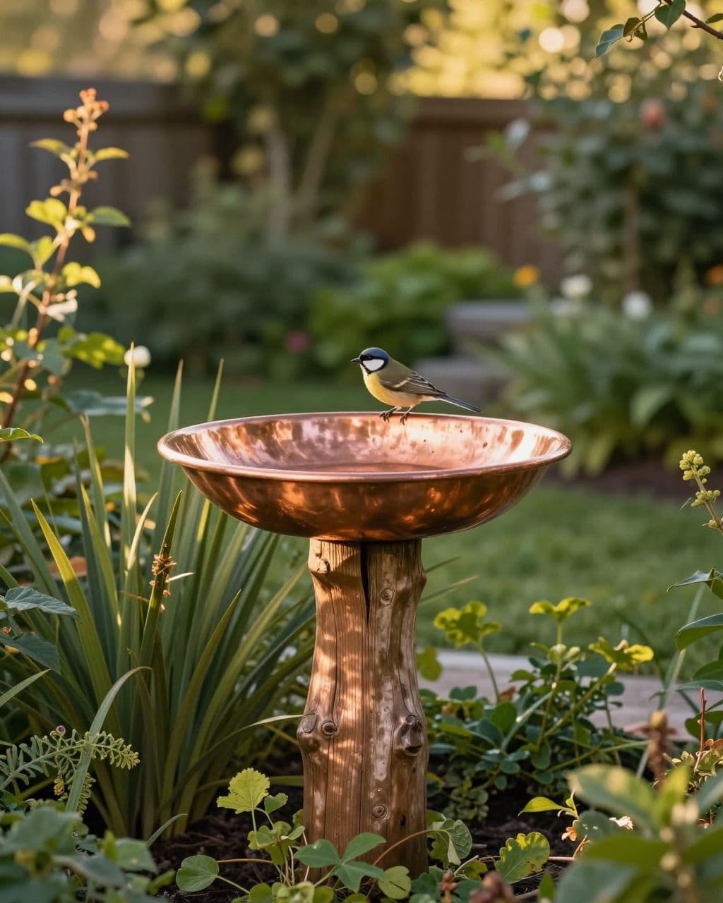 A bird perched beside a copper bowl bird bath in a lush garden.