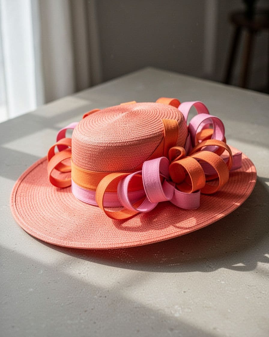 A coral wide-brim hat with orange and pink ribbon loops on a neutral table.