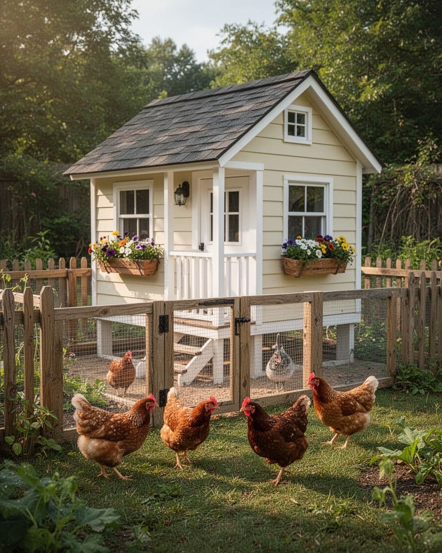 Cream cottage-style chicken coop with a porch, flower boxes, fenced run, and three hens.